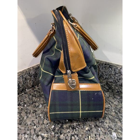 Vintage Lacoste Plaid Canvas Tote Bag Green Blue Brown Trim Retro Preppy - Picture 5 of 15